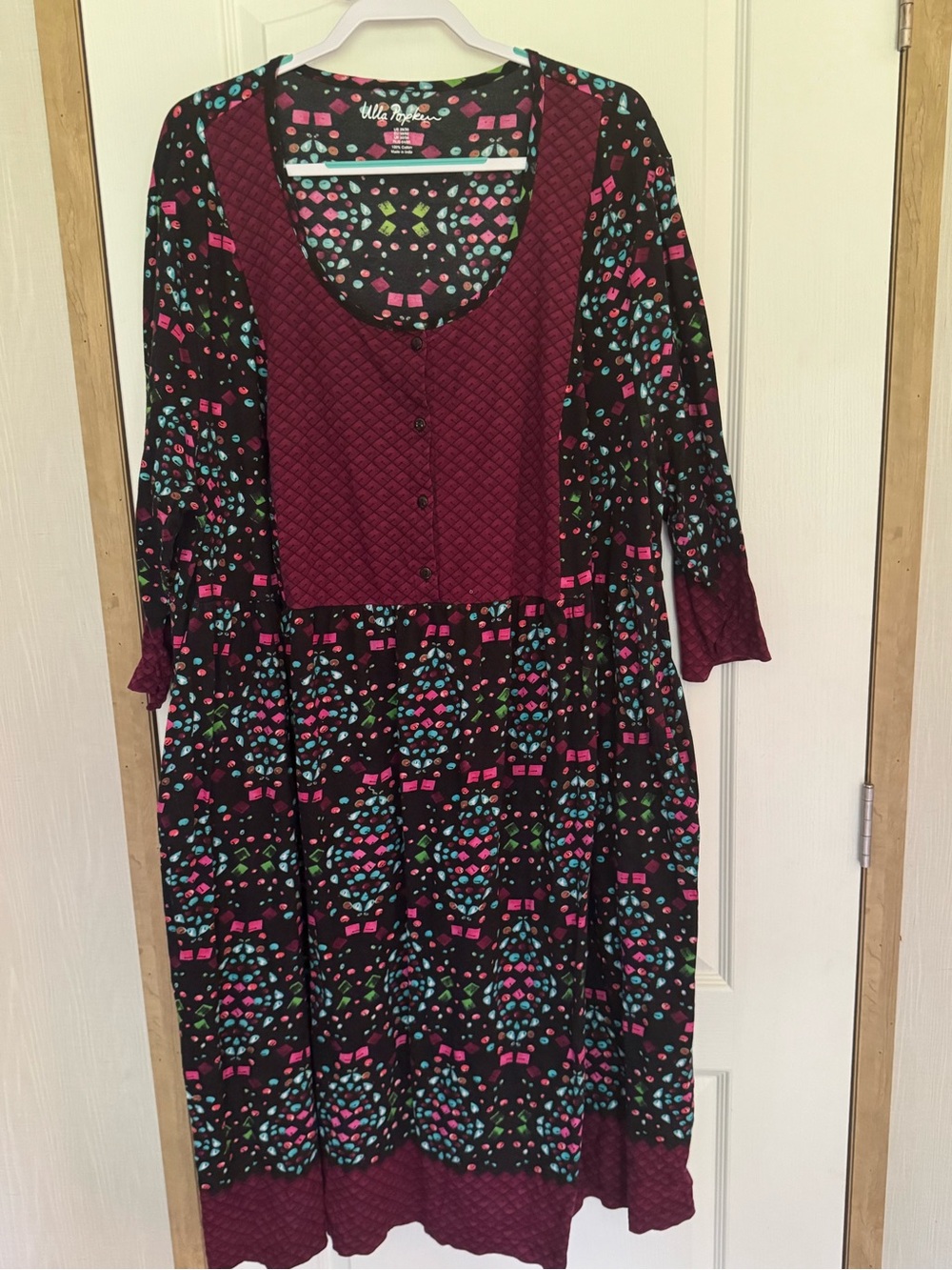Ulla Popken Black Midi Dress with Burgundy Panel and Multicolor Print
